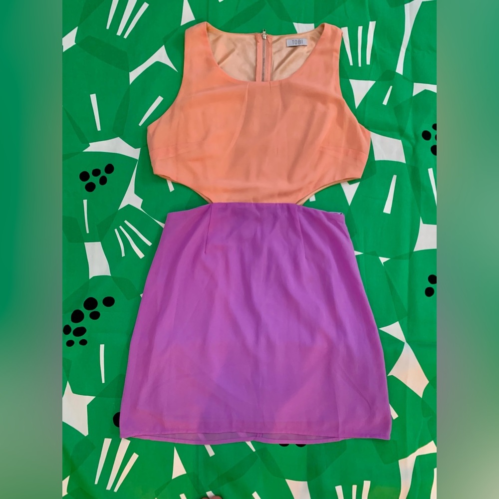 Tobi Cutout Sleeveless Mini Dress Colorblock Peach and Purple with Zipper Detail